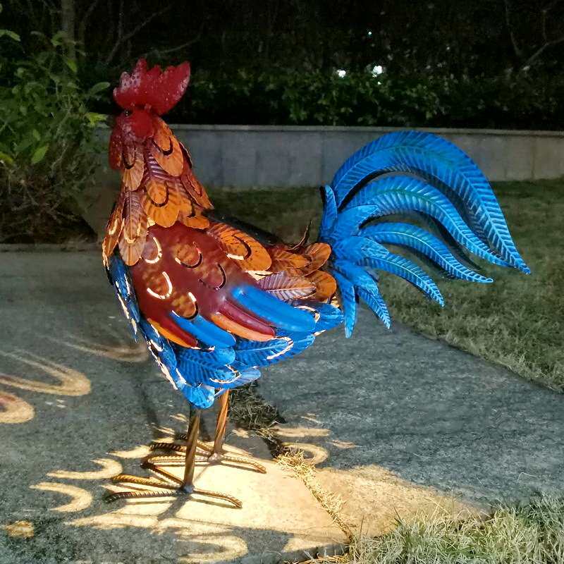 外贸热销田园风彩绘发光太阳能灯彩色灯铁艺动物装饰母鸡落地摆件