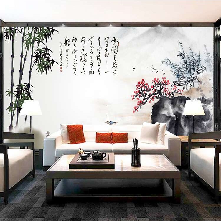 喷绘写真墙布新中式办公室客厅山水田园风景壁画背景电视墙纸