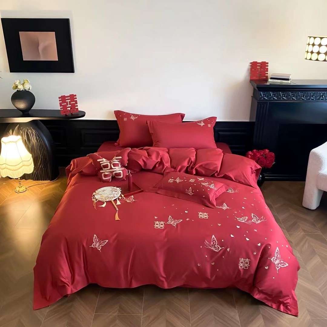 结婚四件套婚庆红色蝴蝶简约时尚陪嫁喜被全棉纯棉床上用品被套