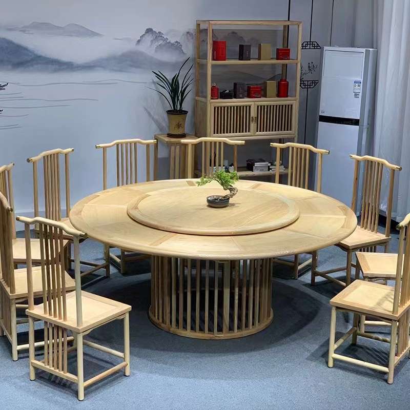 酒店全实木圆桌椅组合简约家用电动餐桌北美白蜡木创意圆形餐桌椅