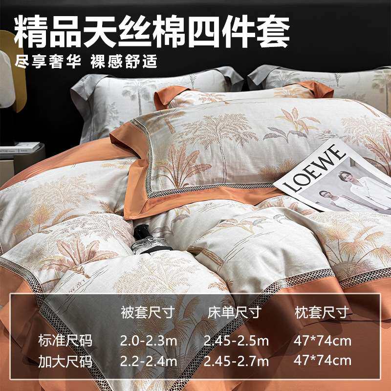 爆款A类母婴级天丝四件套可水洗印花冰丝床单被罩床上用品1件代发