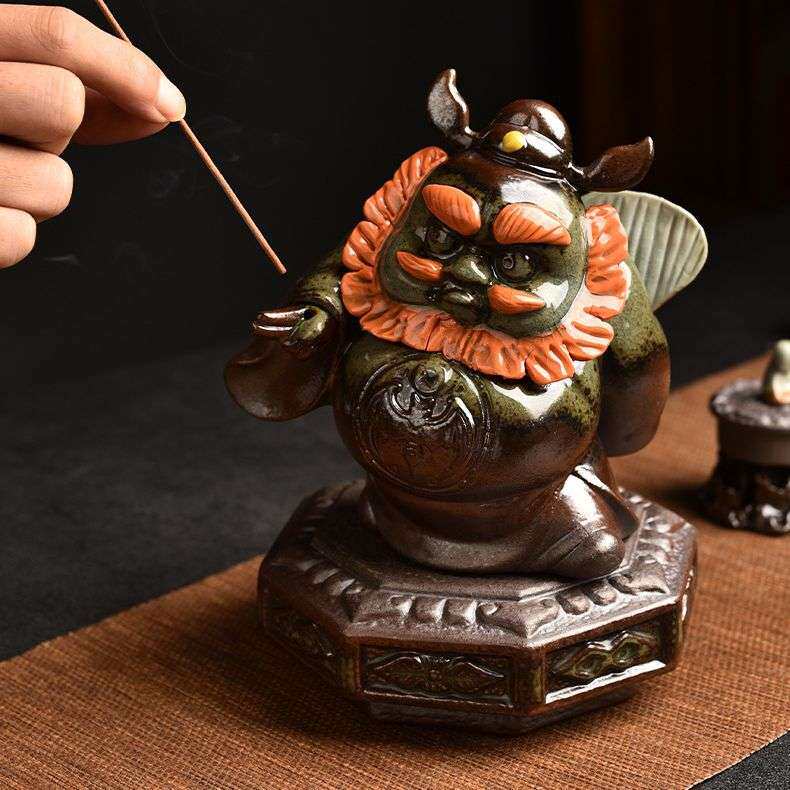 清水柴烧茶宠手工粗陶香插底座创意钟馗麒麟家居摆件玄关饰品