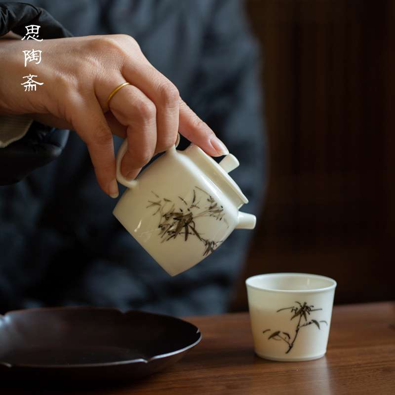 思陶斋手绘茶壶家用简约陶瓷小茶壶小清新白瓷手工茶具泡茶壶