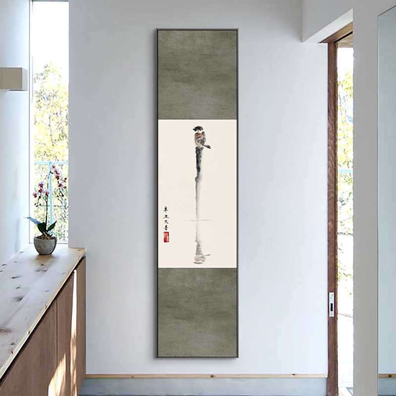 花鸟入户玄关装饰画竖版新中式走廊过道壁画荷花茶室挂画翠鸟画