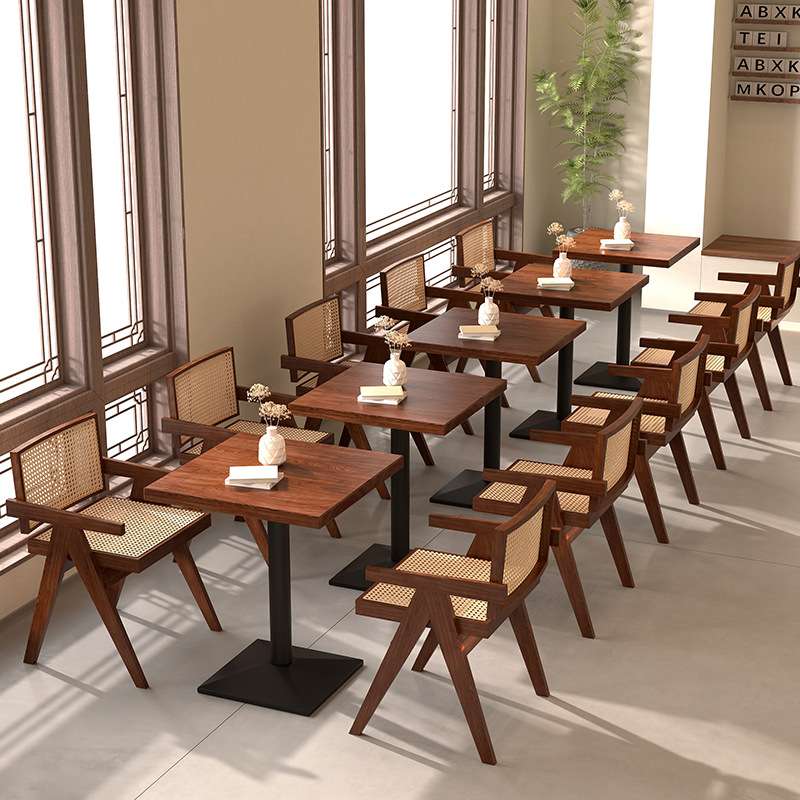 网红餐厅实木餐桌简约餐饮店饭店中餐西餐酒吧咖啡厅商用藤编桌椅