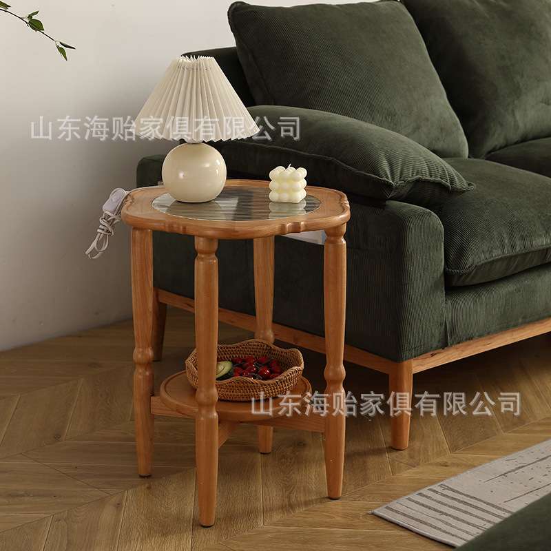 复古樱桃实木茶几简约客厅家具中古风小户型圆几海棠玻璃花边茶几
