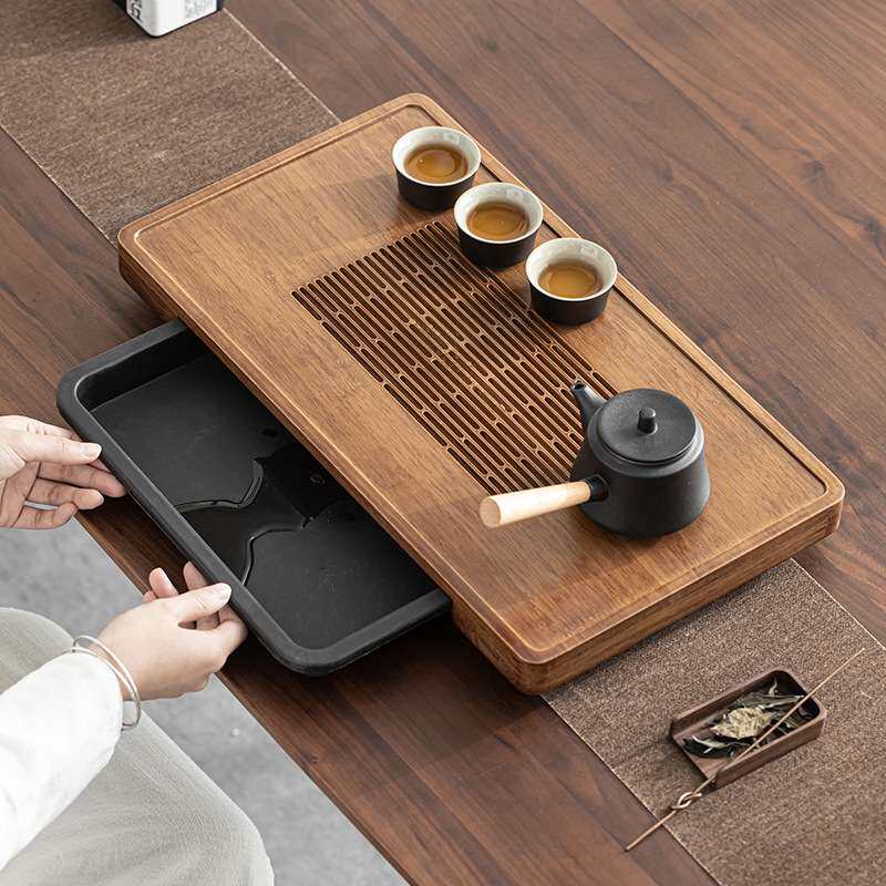 沐雅重竹茶盘 日式家用抽屉式储水排水双用干泡盘大小号茶台茶几