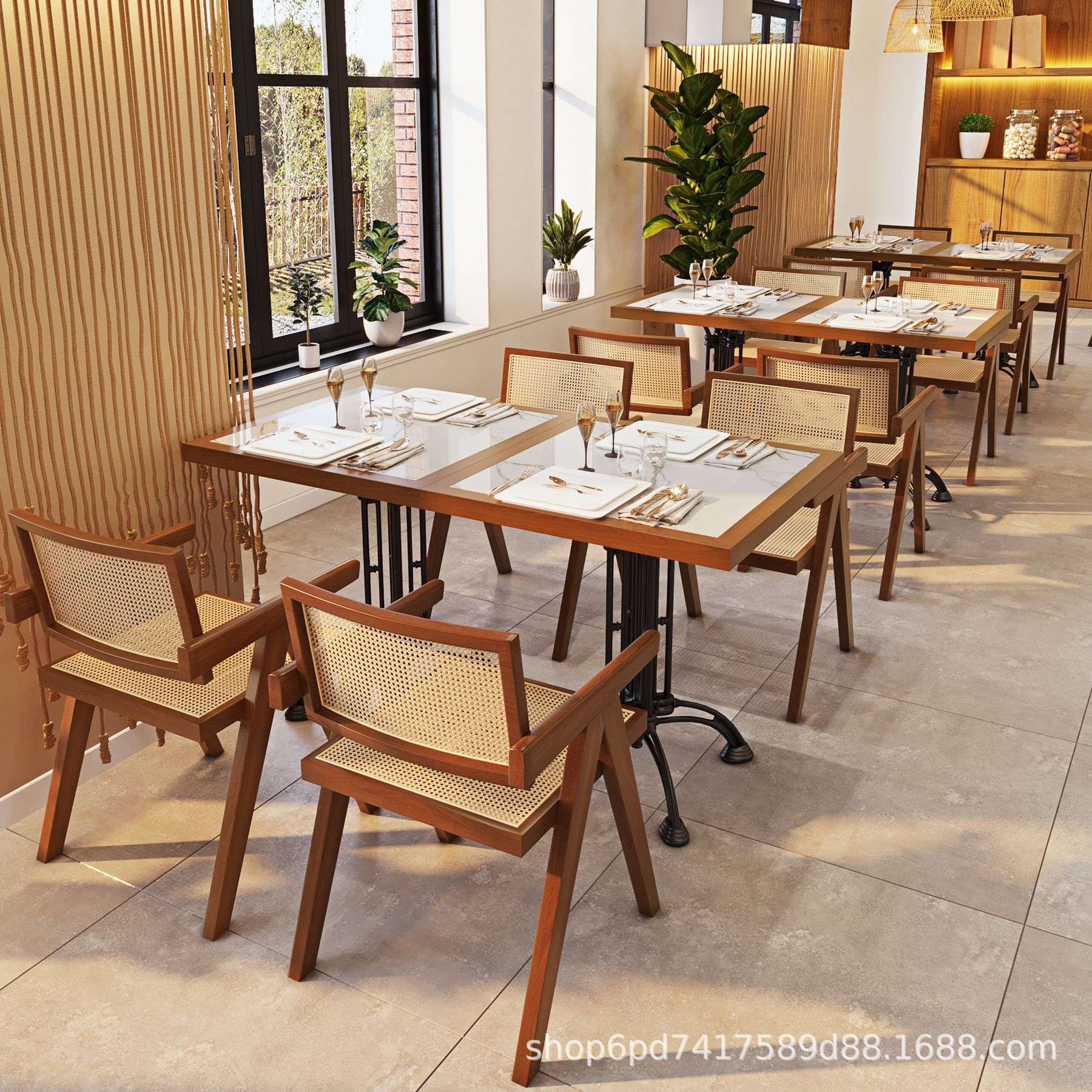 复古风美式咖啡厅桌椅组合餐厅洽谈甜品小吃奶茶店实木藤编餐椅