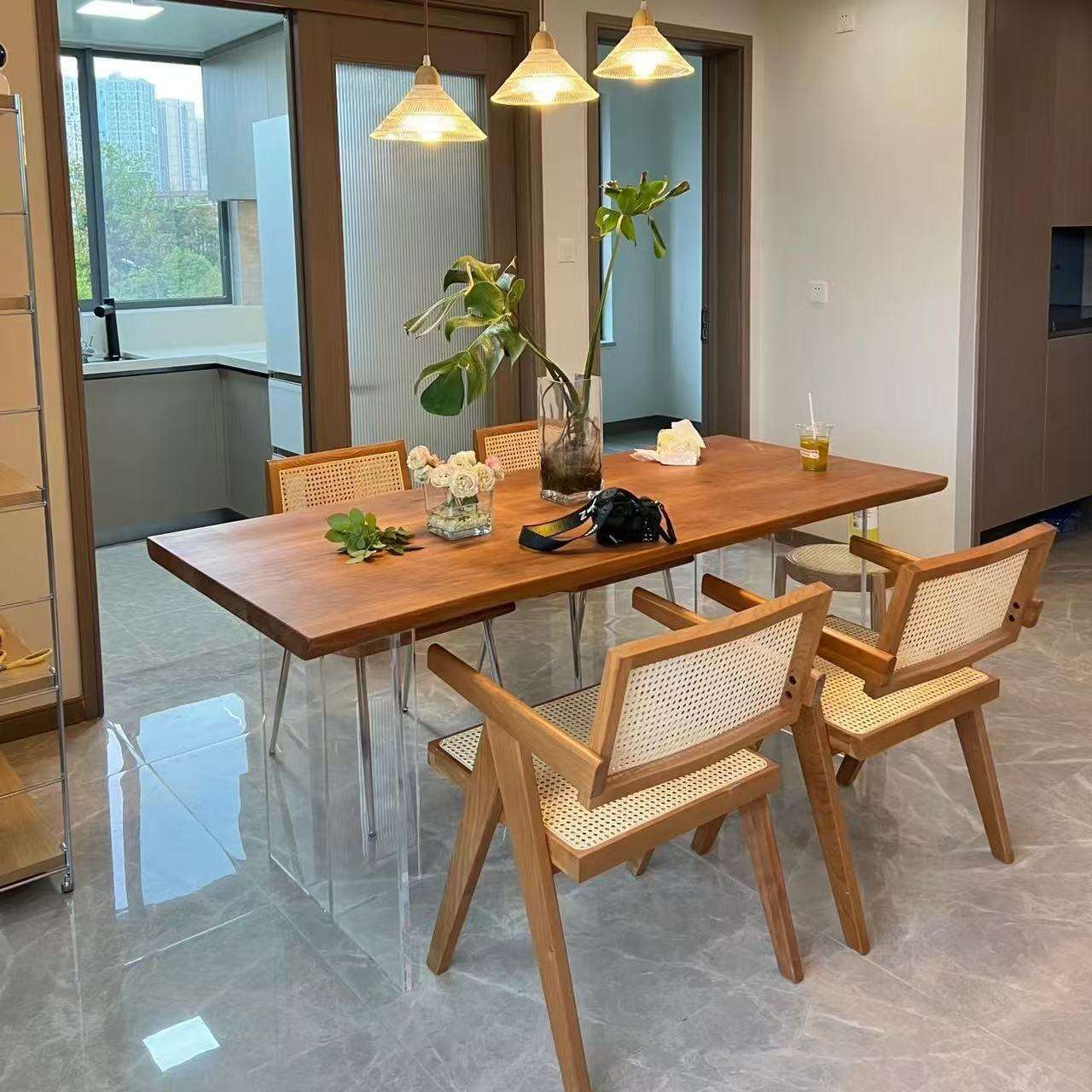 亚克力悬浮实木餐桌纯实木家用小户型饭桌创意原木泡茶桌轻奢书桌
