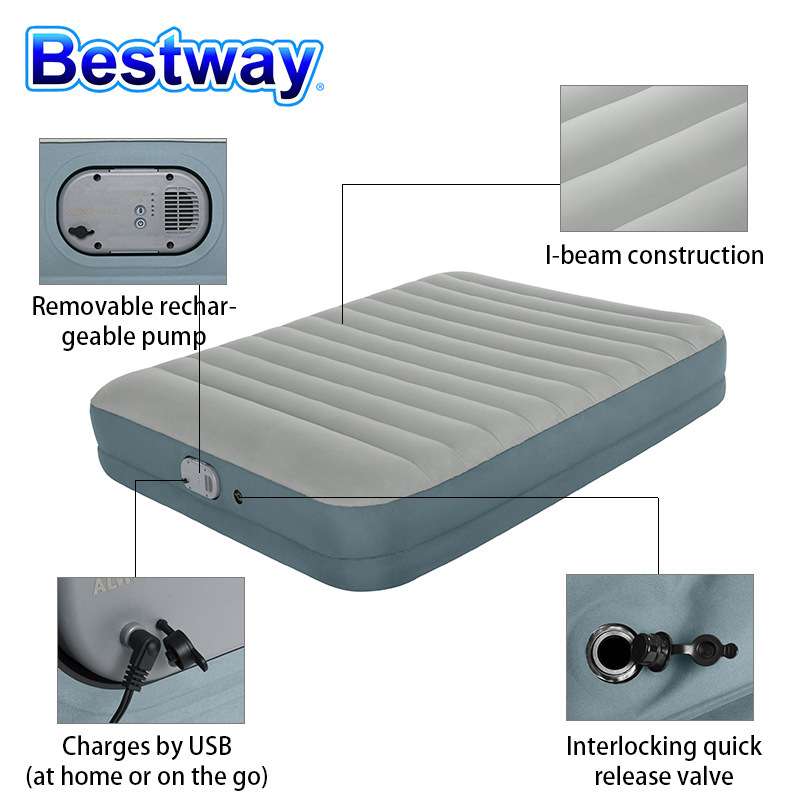 Bestway69078充气双人双层布面床+P3066欧规可分离式蓄电池智能泵
