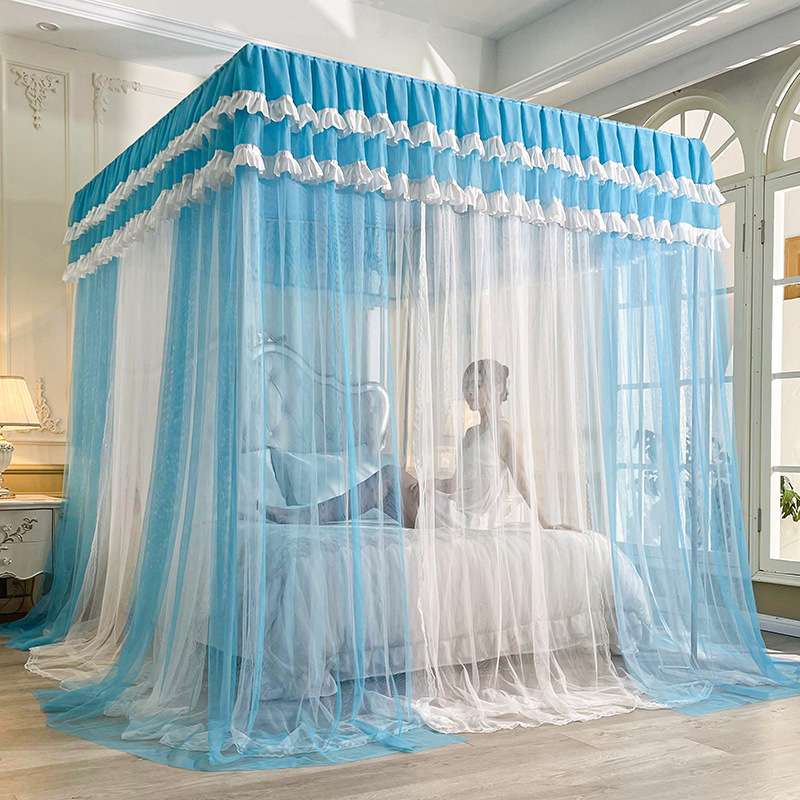 防尘顶双层纱三开门宫廷蚊帐 落地蚊帐 落地四柱公主蕾丝花边蚊帐