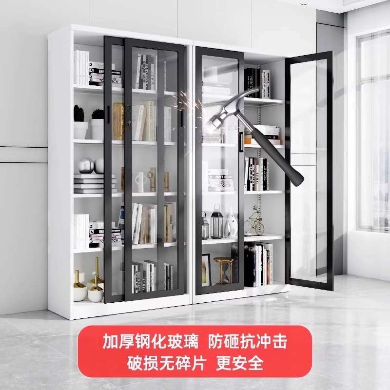 钢制推拉门书柜新款2024爆款防尘玻璃移门防尘展示柜带锁收纳柜子