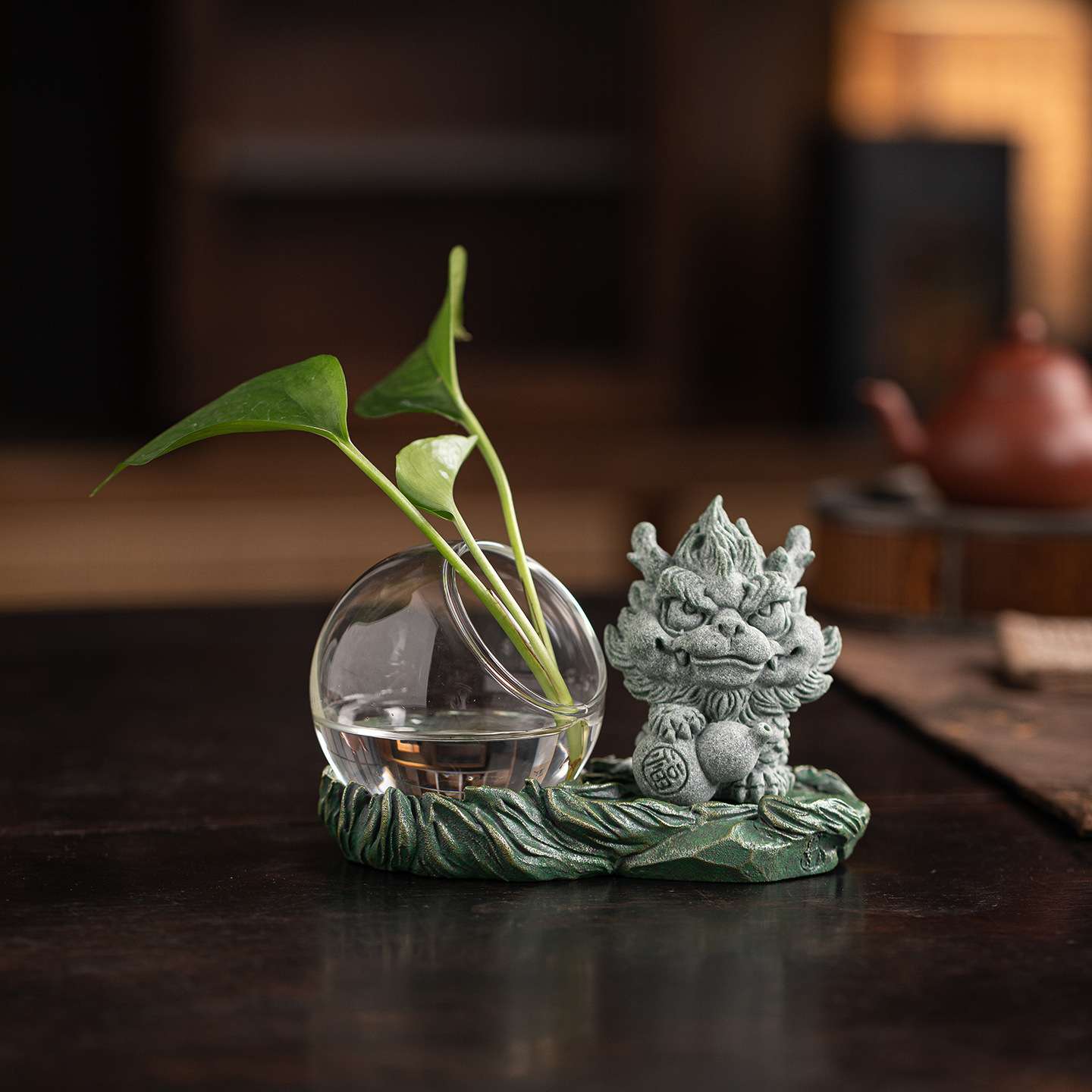 个性禅意水培花器底座摆件醒狮玻璃透明花盆客厅书房茶室桌面装饰