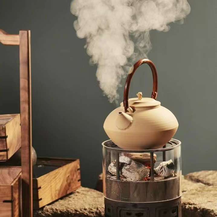 弥言纯手工白陶泥煮茶壶日式煮水壶电陶炉碳火提梁壶薄胎围炉煮茶