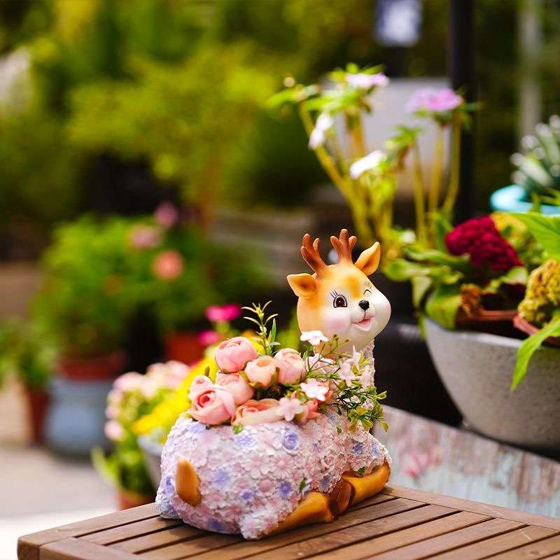 户外花园庭院花盆摆件梅花鹿花盆幼儿园阳台树脂雕塑多肉盆栽装饰