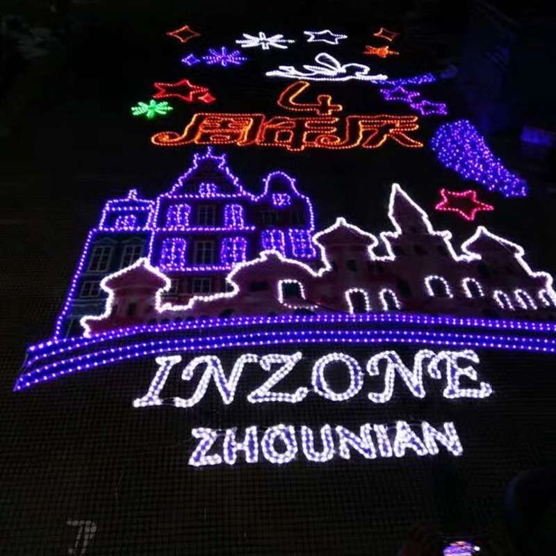 夜景外幕墙灯饰画 高楼玻璃霓虹灯管动态发光灯饰画厂家设计制作