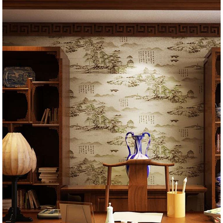 中式山水画壁纸客厅书房茶楼背景餐厅饭店玄关中国风水墨古典墙纸