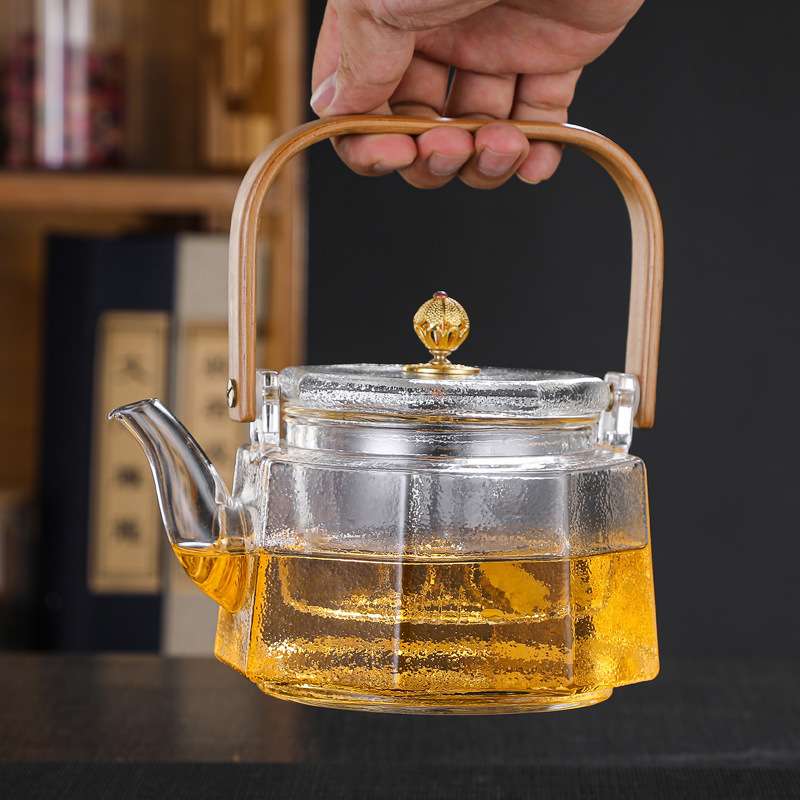 耐热玻璃锤纹提梁壶蒸煮玻璃水壶可电陶炉使用创意八角玲珑壶茶具