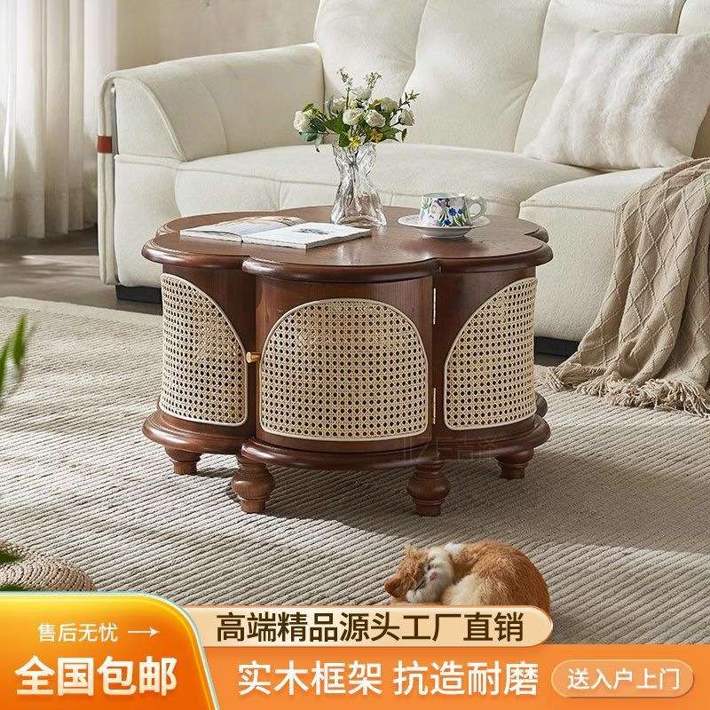 实木复古藤编花朵茶几日式小户型家用北欧古风白蜡木简约客厅圆形