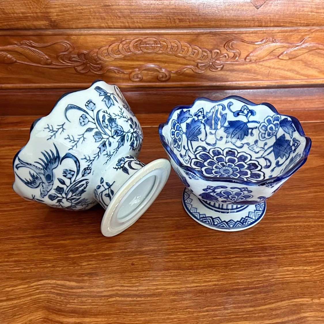 青花高脚碗中式陶瓷高脚碗茶道点心碗冰淇淋碗点心碗小吃碗家用摆