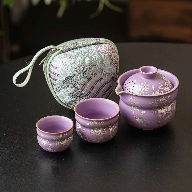 描银牡丹旅行茶具套装便携式高档陶瓷快客杯一壶二杯户外露营喝茶