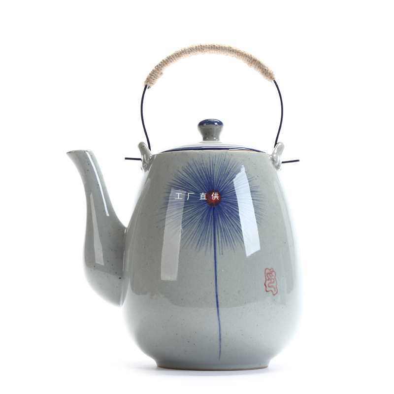 直销2升陶瓷大茶壶手绘复古泡茶壶凉水壶铁制手柄提梁壶餐厅水壶