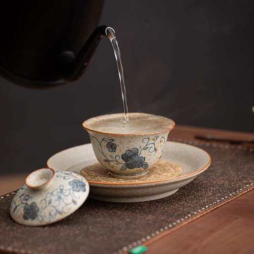 中式手绘缠枝莲茶壶盖碗托盘复古焦糖釉粗陶壶承小号茶台 可开发