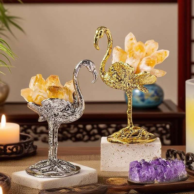 天然水晶火烈鸟摆件金色银色紫黄水晶火烈鸟客厅办公桌面装饰品
