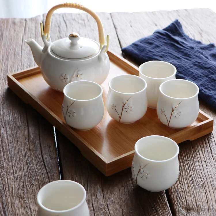 景德镇提梁陶瓷茶具套装家用现代简约手工描金客厅茶壶茶杯送托盘