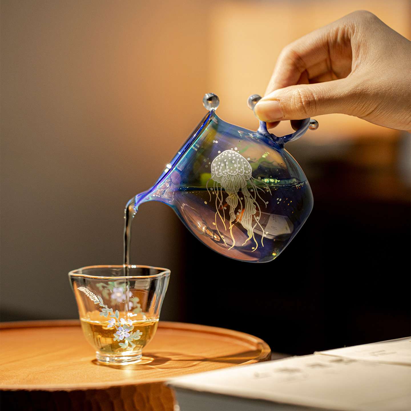 墨己瑞璃月潋水母渐变蓝咏露公杯高颜值梦幻茶具玻璃公道杯茶海
