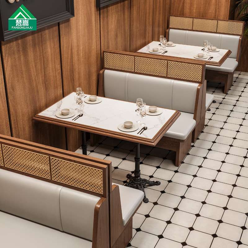 主题餐厅西餐厅靠墙卡座沙发茶餐厅轻食店实木藤编餐桌椅组合商用