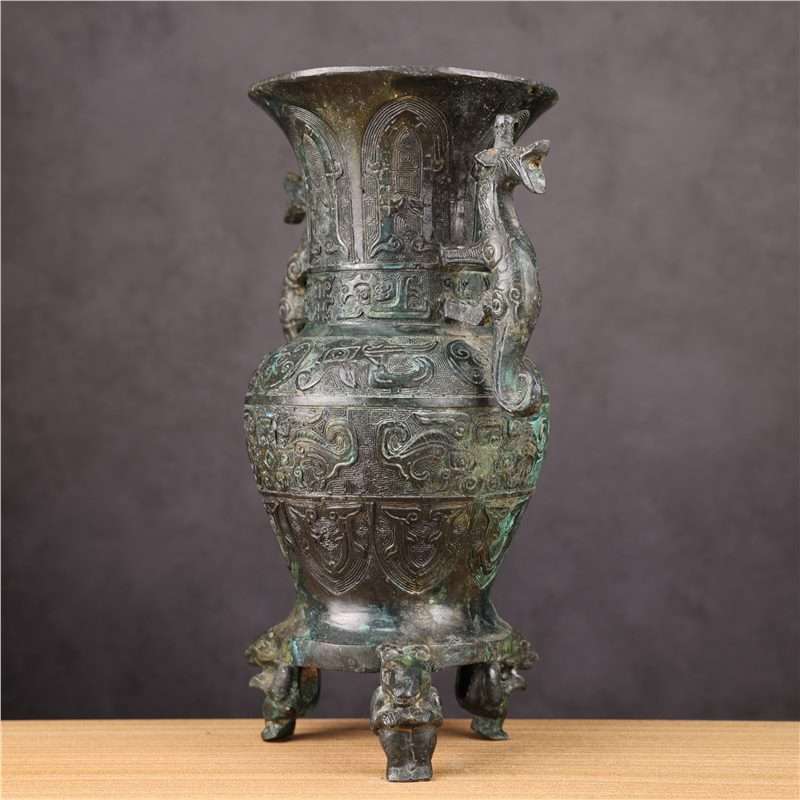 古玩杂项青铜器古摆件双龙瓶双龙尊现制作艺品收藏品做旧博物馆