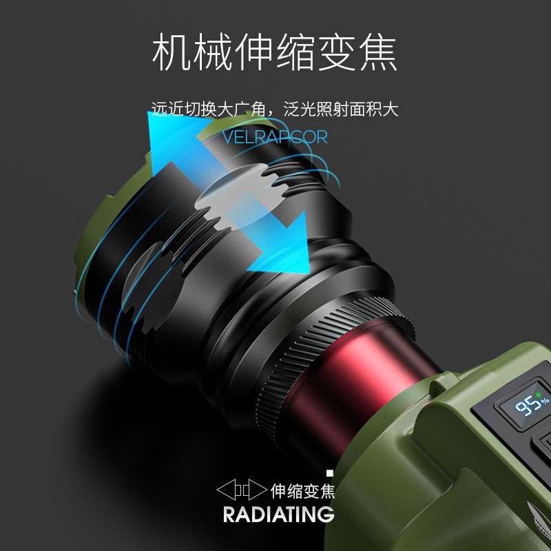 跨境太阳能高亮手提灯带侧灯数显充电手电户外多功能变焦探照灯