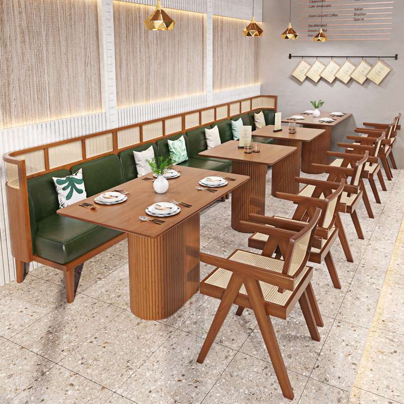 茶餐厅饭店清吧西餐厅桌椅组合编藤咖啡厅卡座坐垫实木沙发商用