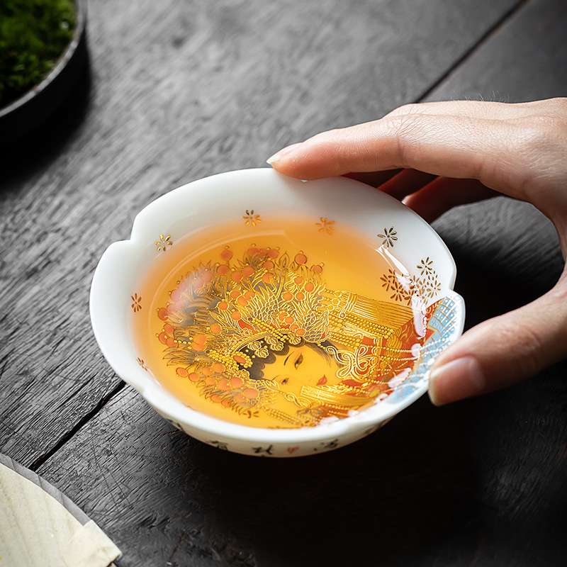 素烧羊脂玉瓷京剧花旦茶杯陶瓷花瓣普洱茶杯人物图案主人杯单杯