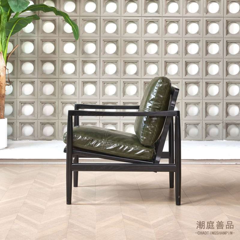 复古黑色单人沙发椅客厅阳台小户型中古风设计师实木接待休闲椅子