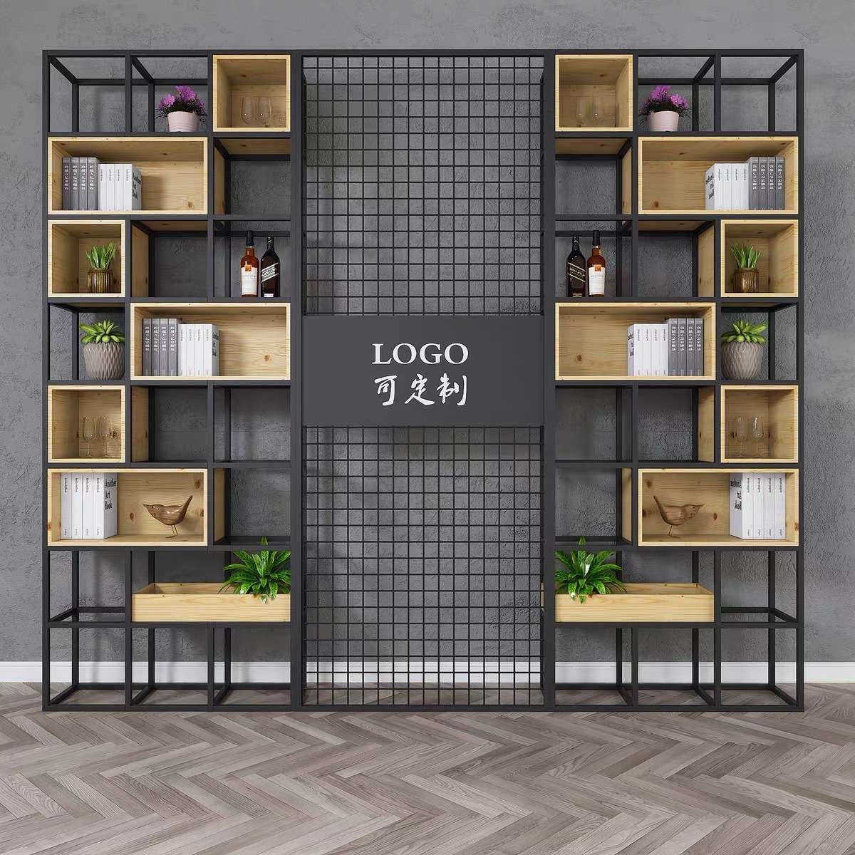办公室铁艺隔断置物架屏风网格酒店工作室公司前台logo隔断置物架