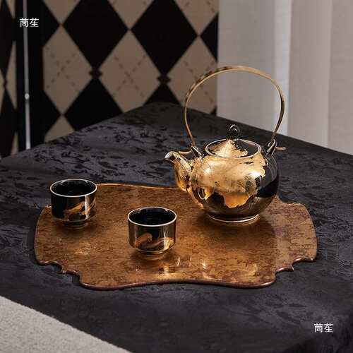 金色茶壶新中式茶具套装宋式美学酒店办公室茶室茶台桌面软装饰品