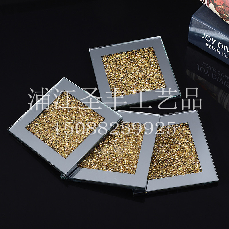 金属圈边家用酒店咖啡茶杯隔热垫 拍照摆件 四方水晶杯垫 直供