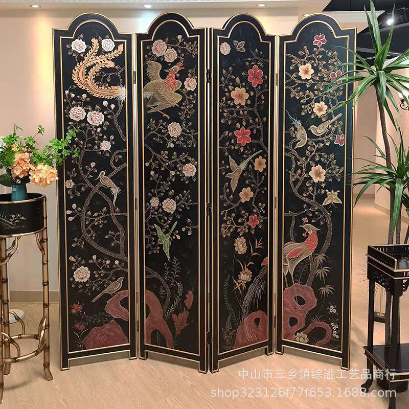 高端黑色手绘花鸟屏风隔断奢华入户玄关欧美风格客厅装饰现货现卖