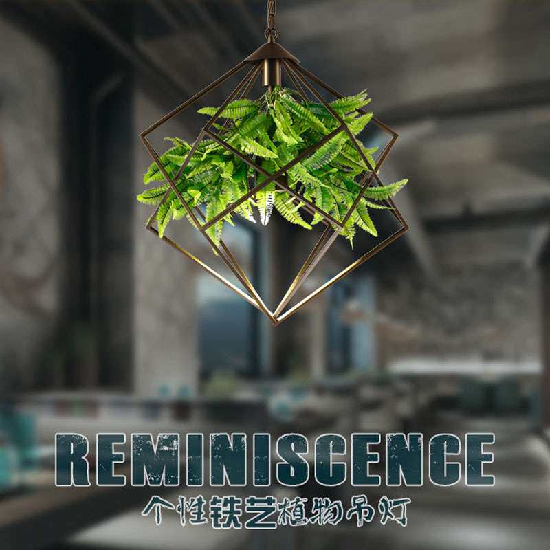 复古lofe工业风绿植吊灯菱形音乐餐吧咖啡厅生态餐厅花草植物吊灯