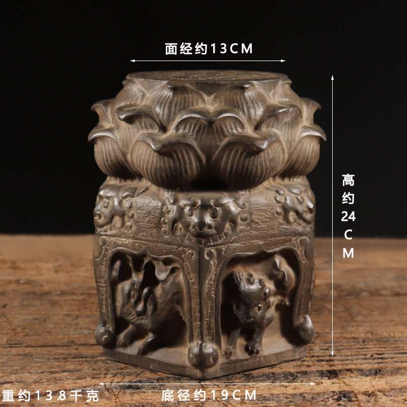 仿古石雕青石民俗怀旧莲花兽头石墩柱墩底座中式复古陈设文玩摆件