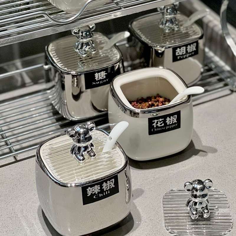 轻奢银色陶瓷调料盒酱油瓶组合套装厨房家用调味罐调料瓶全套