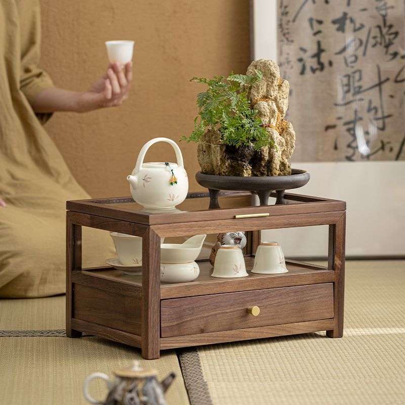 桌面茶壶收纳盒子黑胡桃木茶杯茶具架玻璃收纳柜实木整理展示柜子
