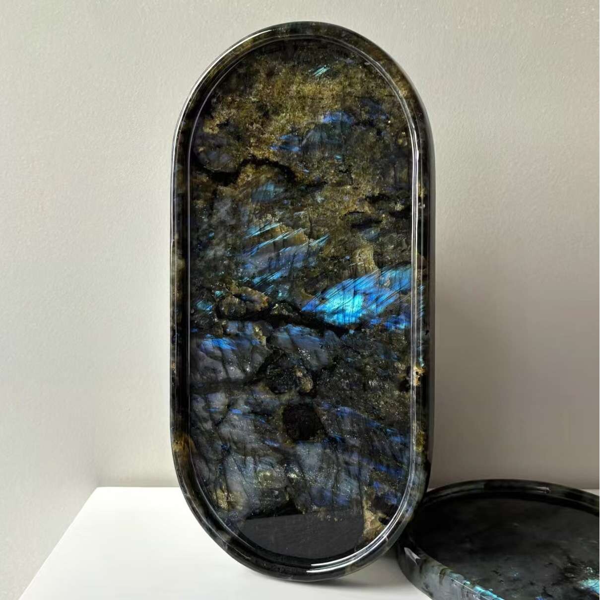 水晶拉长石原石托盘圆盘月光石摆件蓝翡翠奢石水晶雕刻工艺品