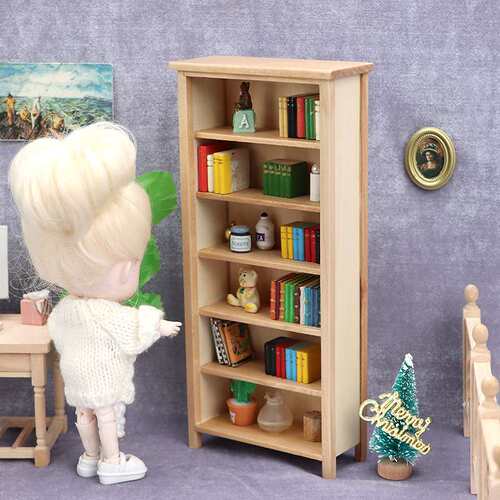 1:12娃娃屋dollhouse迷你家具10分ob11娃屋木质原木色书柜模型