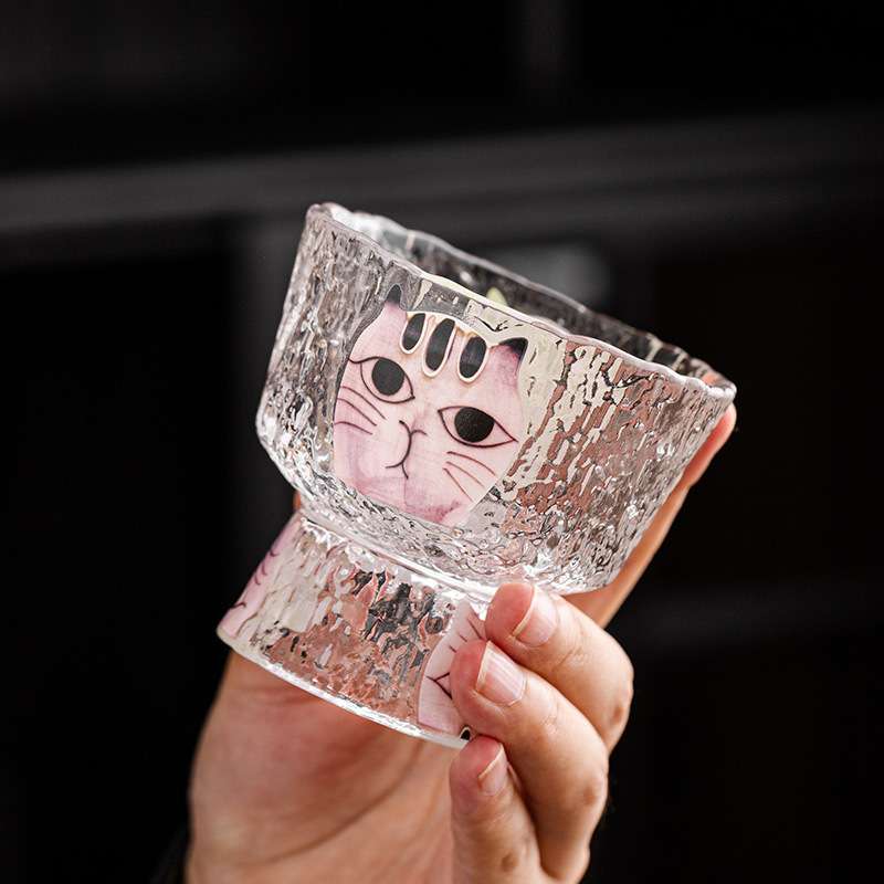 猫咪锤纹玻璃杯创意女士高足杯子日式高端茶具主人杯品茗杯小茶杯