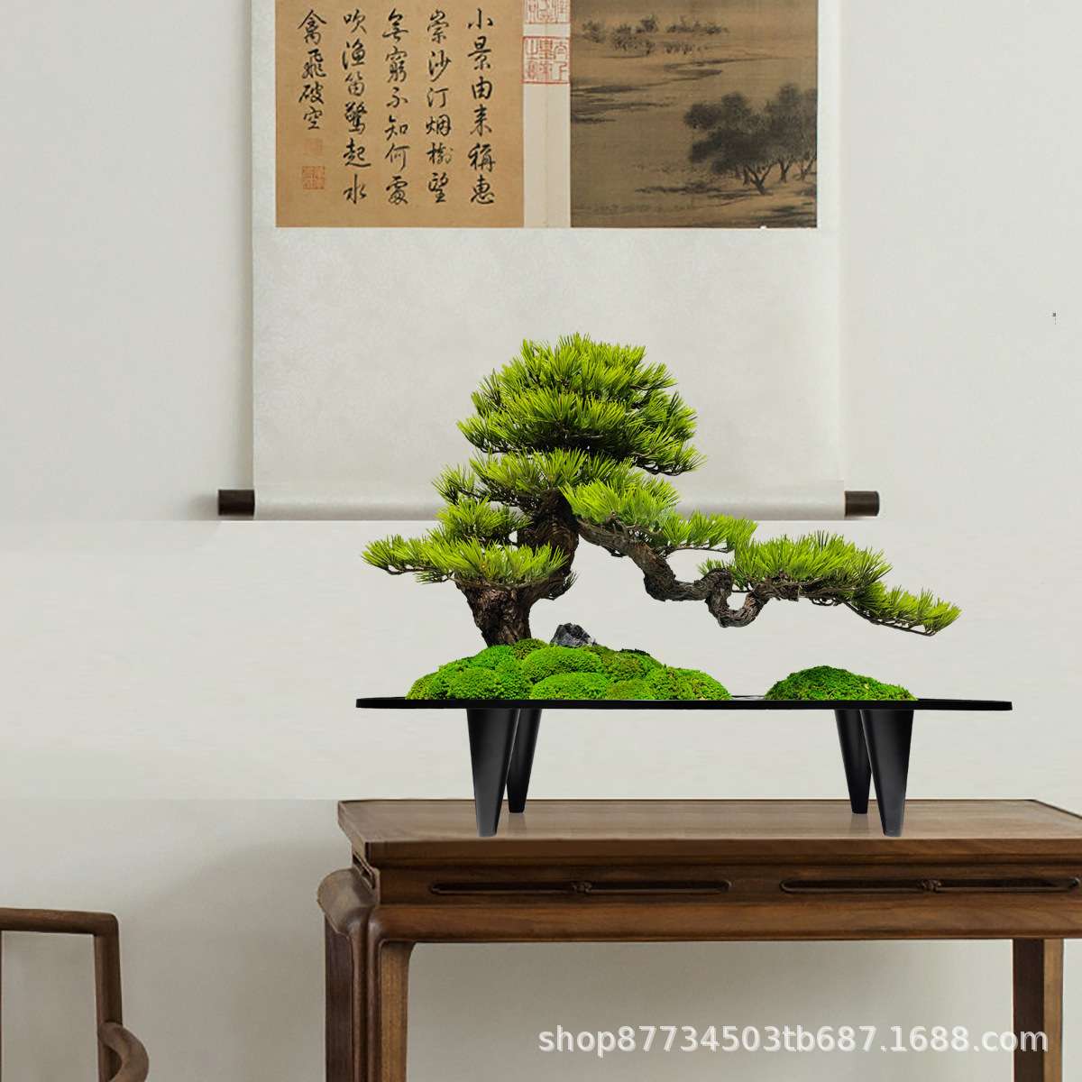 中式创意铁艺花器书房茶室禅意仿真松树永生青苔盆栽玄关桌面摆件