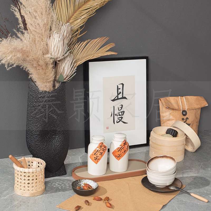 中式样板间厨房装饰品组合橱柜展厅软装摆件花瓶花艺蒸笼婉具挂画