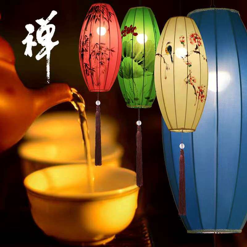 中式风布艺手绘灯笼仿古典宫灯餐厅茶楼过道创意冬瓜长形布艺吊灯